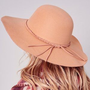 Beige Faux wool floppy hat with braided trim